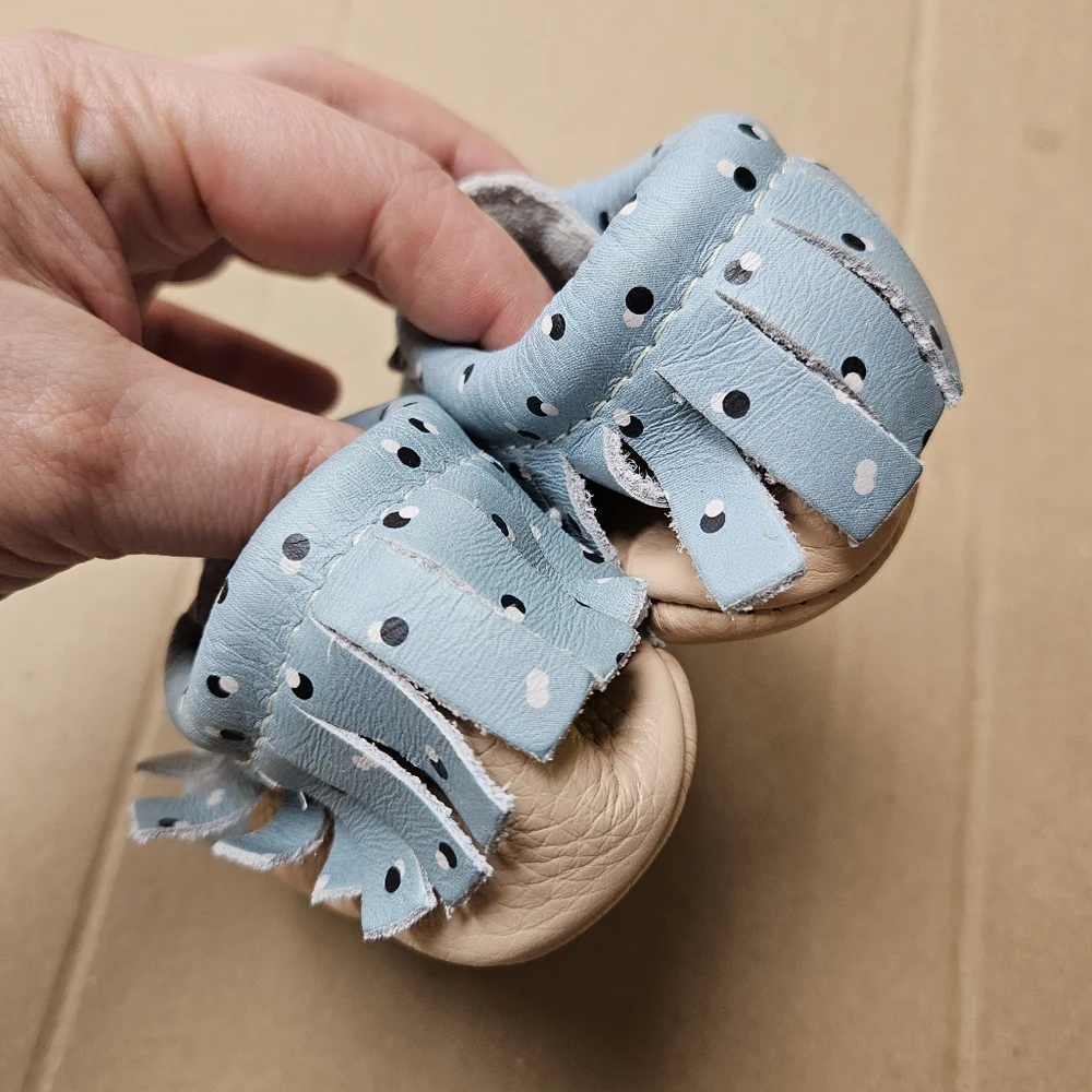 Freshly Picked 5 Baby Boy Girl Sky Blue Mocassins Leather Polka Dot Pattern Shoe